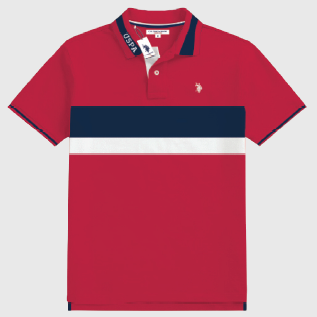 Polo www.treshop.com.co para hombre en color rojo con franjas horizontales azul marino y blanco y logo bordado