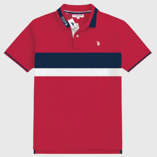 Polo www.treshop.com.co para hombre en color rojo con franjas horizontales azul marino y blanco y logo bordado