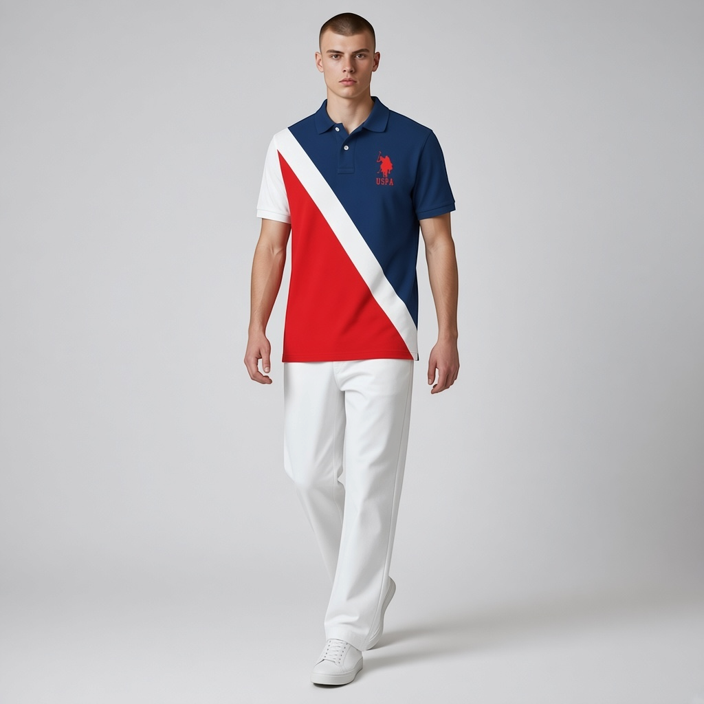 Hombre vistiendo polo tricolor www.treshop.com.co con bloques diagonales azul, rojo y blanco y logo bordado en pecho