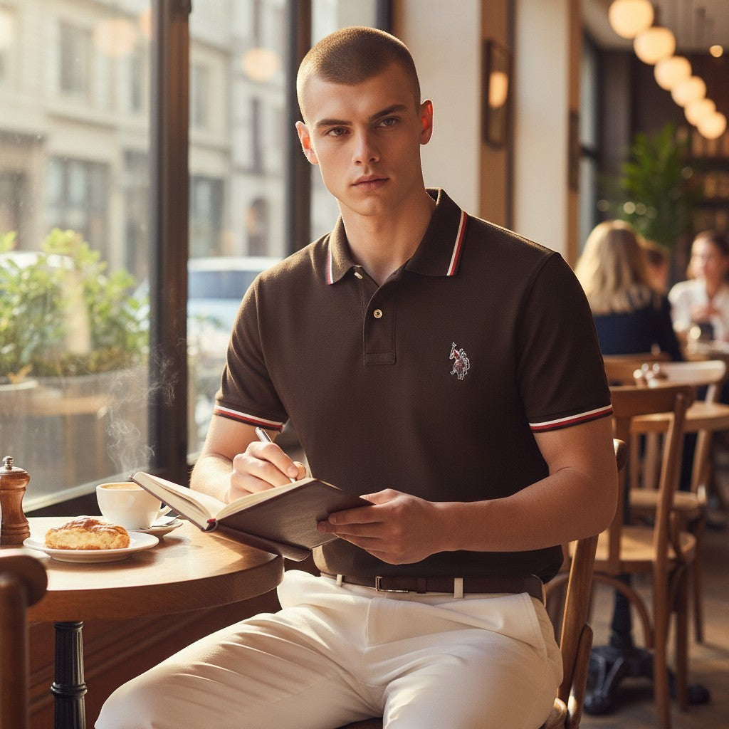 Hombre con polo marron oscuro www.treshop.com.co con detalles en contraste en cuello y mangas, sentado en una cafeteria