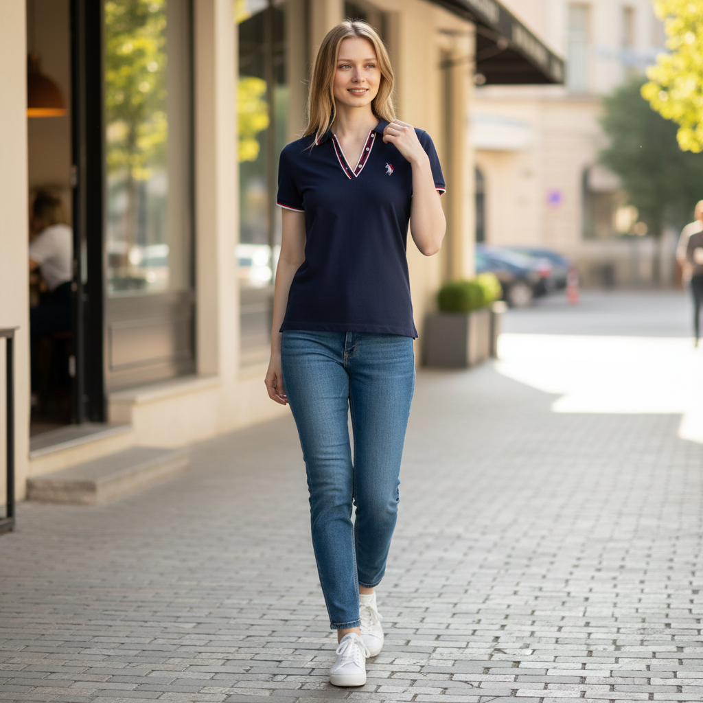 Mujer caminando por la calle vistiendo polo azul marino U.S. Polo Assn. de www.treshop.com.co con detalles en contraste