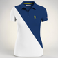 Polo mujer www.treshop.com.co con diseño bicolor azul y blanco, logo bordado amarillo y corte regular fit