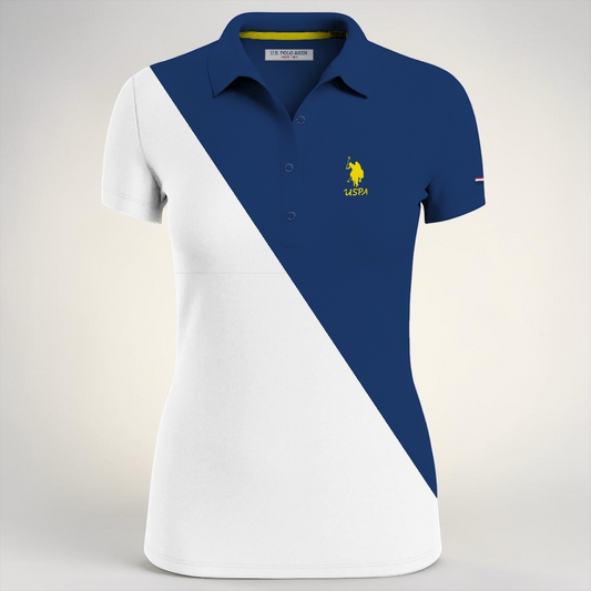 Polo mujer www.treshop.com.co con diseño bicolor azul y blanco, logo bordado amarillo y corte regular fit