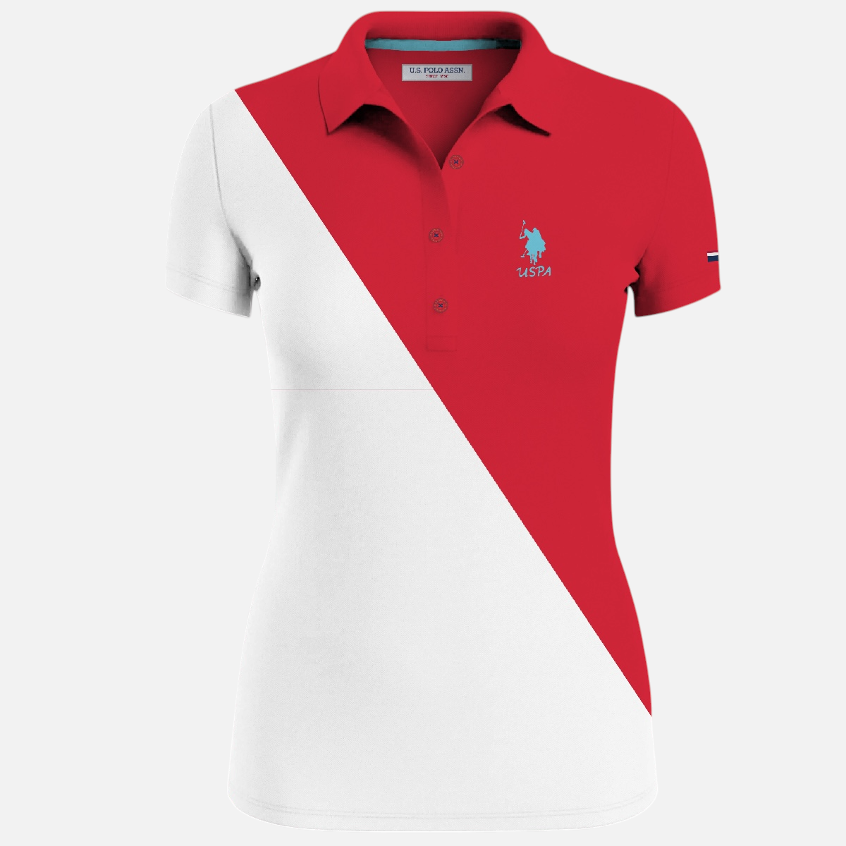Polo para mujer www.treshop.com.co con diseño bicolor en diagonal rojo y blanco, cuello clásico y logo bordado.