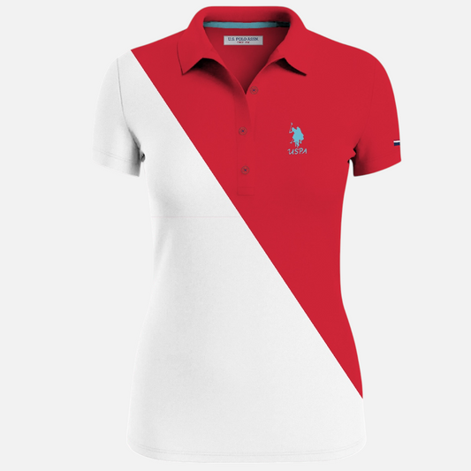 Polo para mujer www.treshop.com.co con diseño bicolor en diagonal rojo y blanco, cuello clásico y logo bordado.