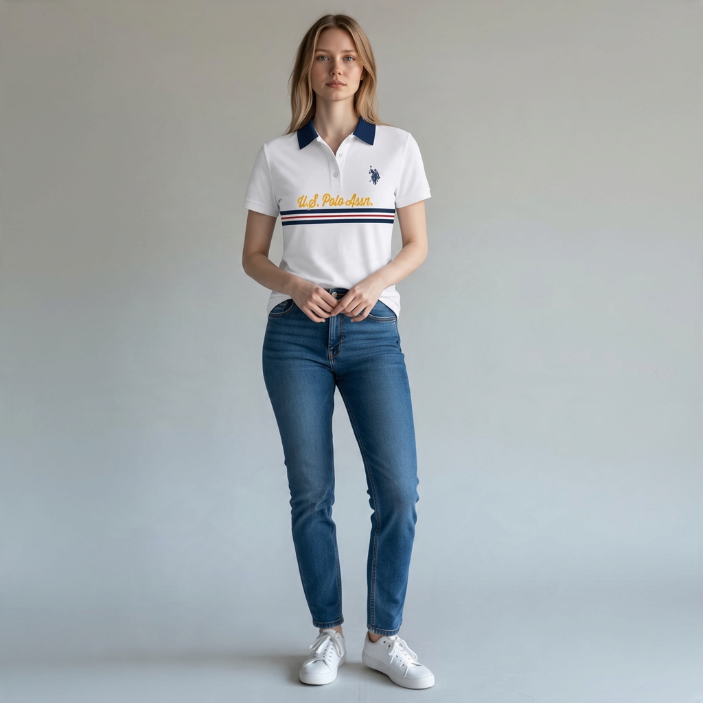 Mujer vistiendo polo blanco www.treshop.com.co con cuello azul marino, logo y franjas, combinado con jeans azules.