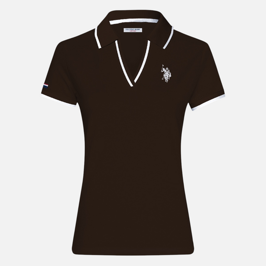 Polo para mujer www.treshop.com.co color marrón chocolate con cuello en V y detalles en contraste blanco
