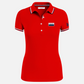 Polo mujer www.treshop.com.co color rojo en algodón con detalles a rayas en cuello y mangas y logo de goma