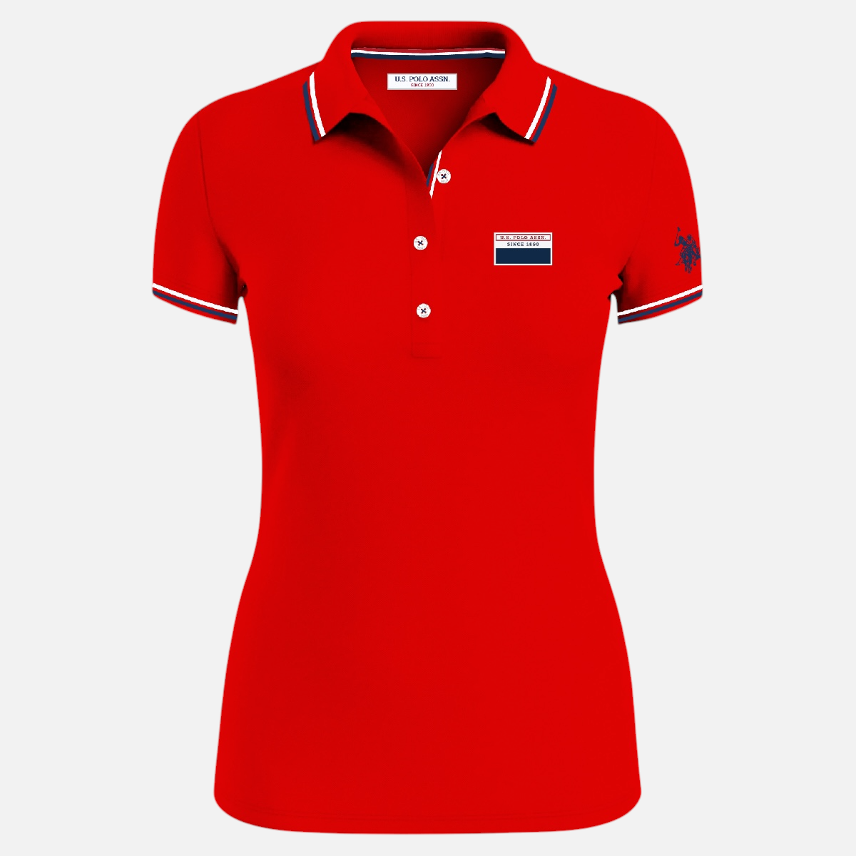 Polo mujer www.treshop.com.co color rojo en algodón con detalles a rayas en cuello y mangas y logo de goma