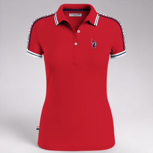Polo de mujer www.treshop.com.co color rojo en algodón jersey con logo bordado y detalles en mangas