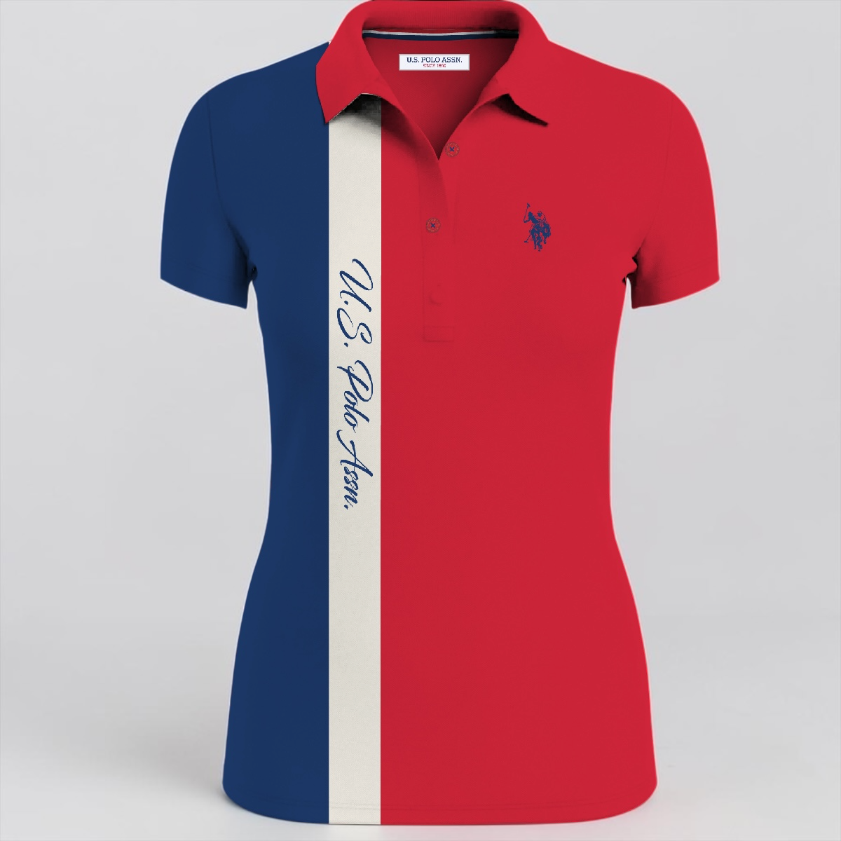 Polo para mujer www.treshop.com.co con diseño tricolor, corte entallado, cuello clásico y logo bordado en el pecho.