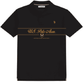 Polo negro de hombre www.treshop.com.co en algodón jersey con estampado frontal y logo bordado, corte regular fit.