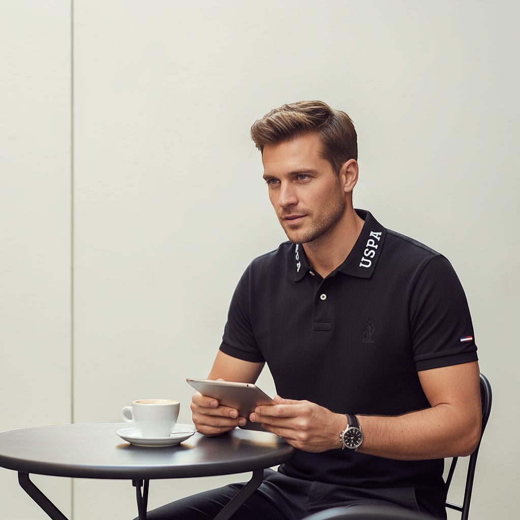 Hombre con polo negro www.treshop.com.co con cuello estampado y logo bordado, sentado en una mesa con una tablet.