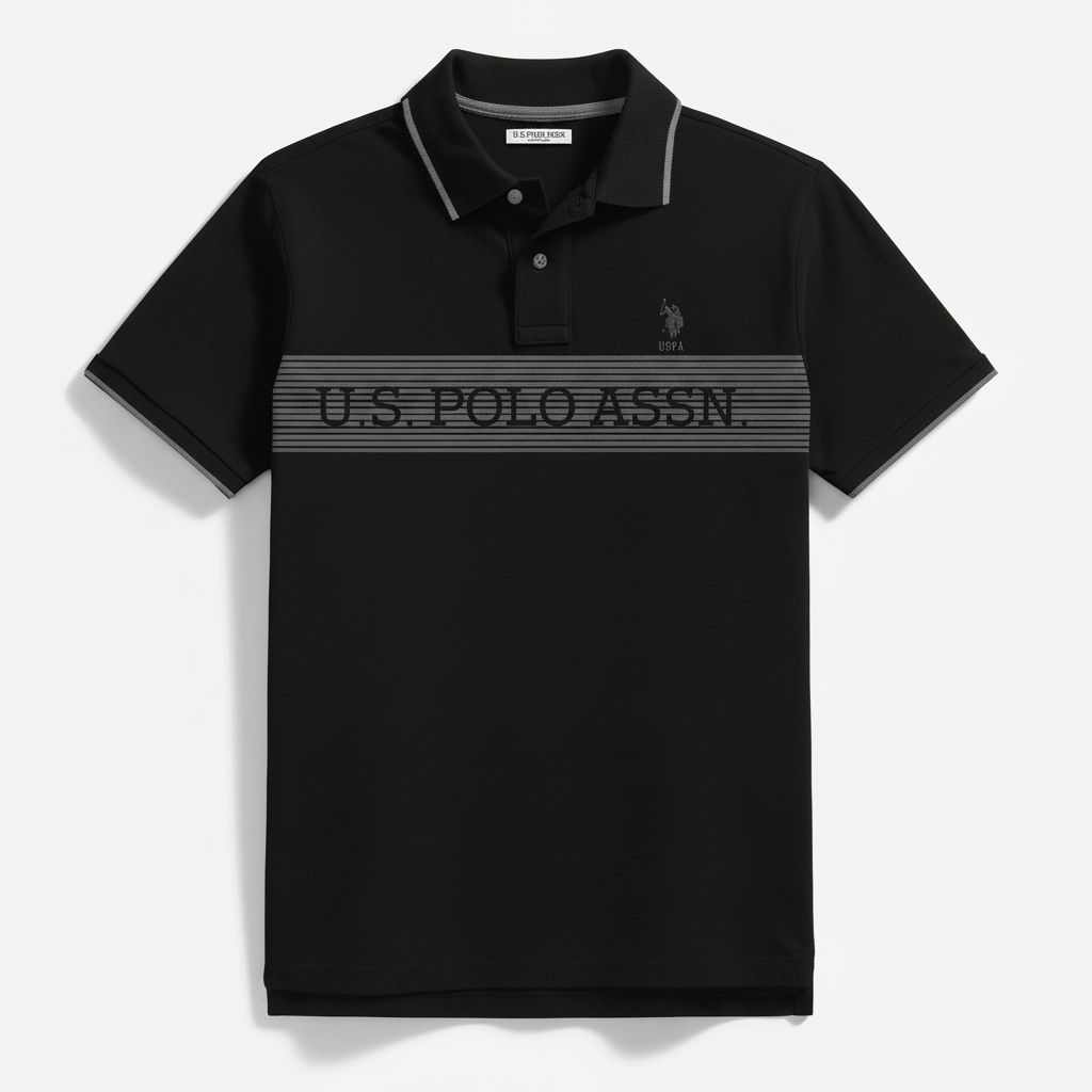 Polo negro para hombre de www.treshop.com.co con rayas horizontales y logotipo de U.S. Polo Assn. en el pecho