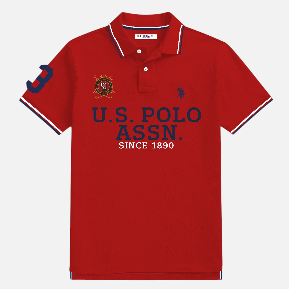 Polo rojo de algodón piqué www.treshop.com.co con logo bordado, estampado frontal y detalles en cuello y mangas