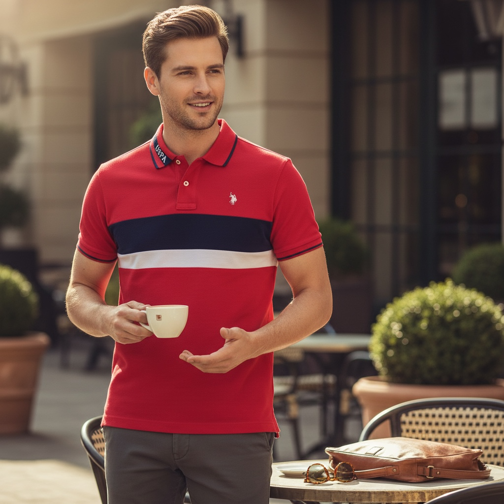 Hombre vistiendo polo rojo con franjas azul y blanco de www.treshop.com.co con logo bordado y cuello detallado