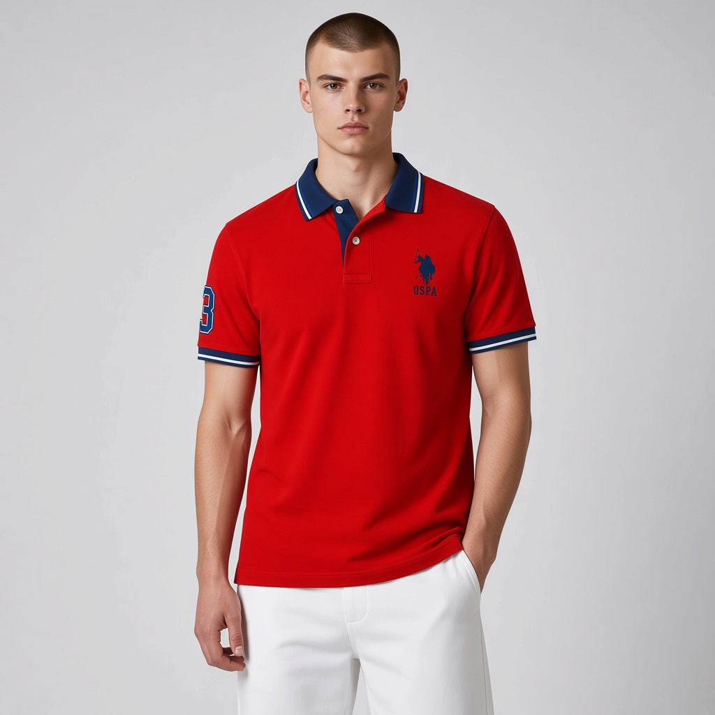 Hombre vistiendo polo rojo de algodón U.S. POLO ASSN. con cuello azul y detalles bordados de www.treshop.com.co