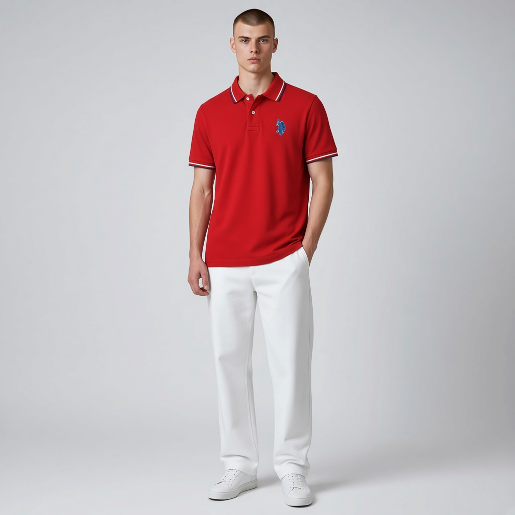 Hombre vistiendo polo rojo U.S. POLO ASSN. de www.treshop.com.co con detalles en cuello y mangas, combinado con pantalón blanco.