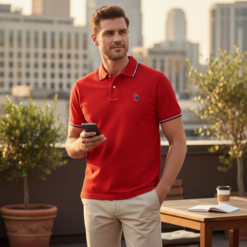 Hombre vistiendo polo rojo de algodón piqué con logo de goma en www.treshop.com.co, estilo custom fit en terraza urbana