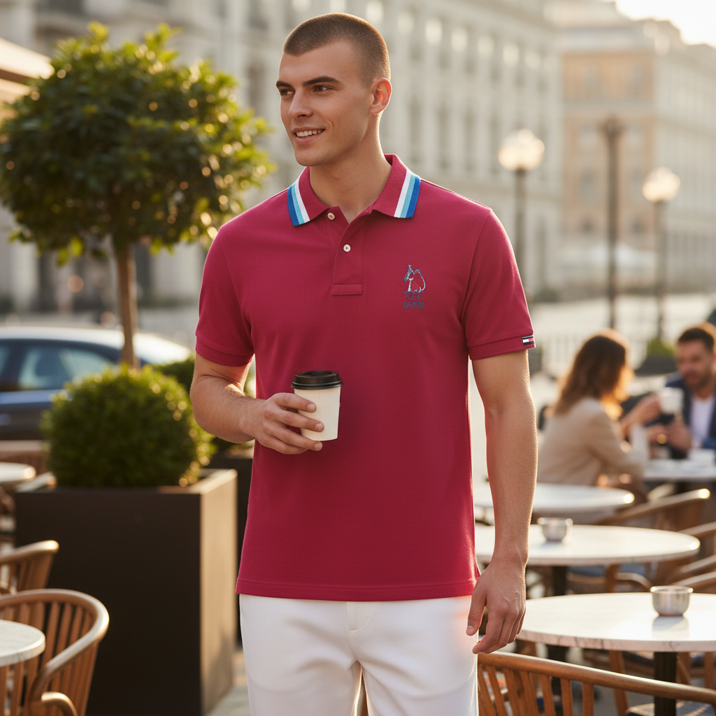 Hombre vistiendo polo rojo www.treshop.com.co con cuello de rayas y logo bordado en una terraza urbana