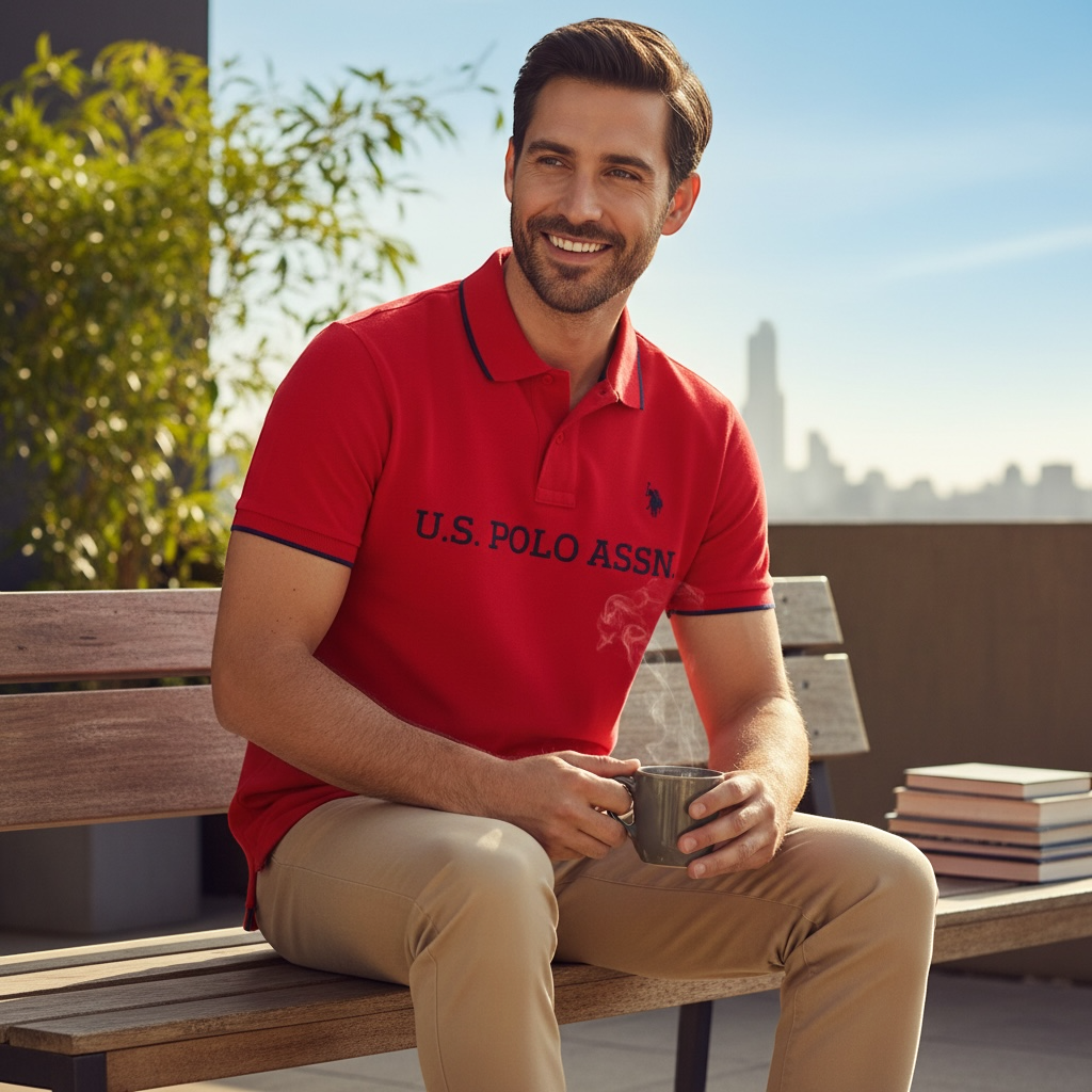 Hombre sonriente vistiendo polo rojo U.S. POLO ASSN. con detalles en contraste, sentado en un banco de madera.