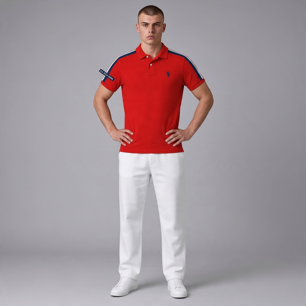 Hombre vistiendo polo rojo de algodón www.treshop.com.co con rayas en hombros y logo bordado, combinado con pantalón blanco