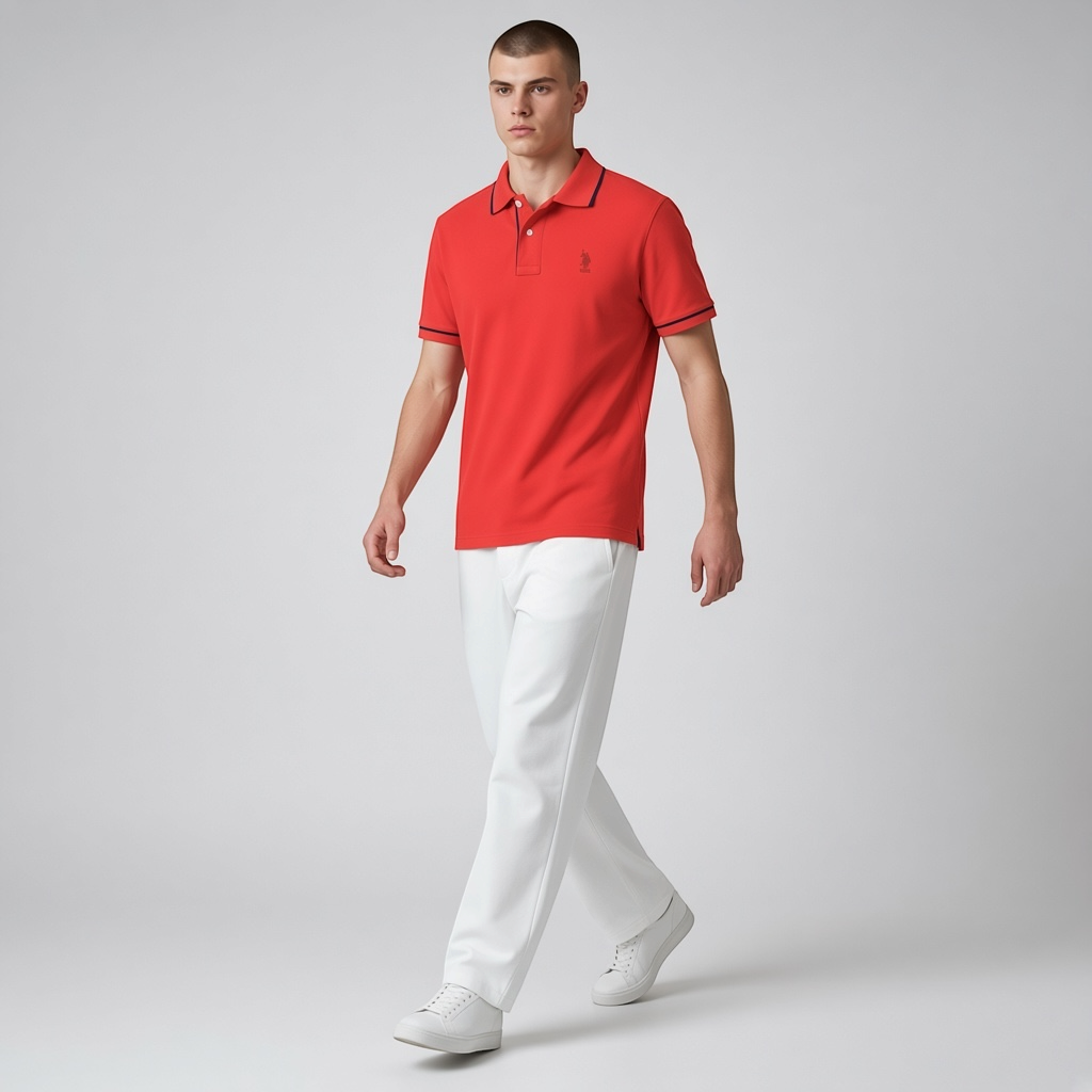 Hombre vistiendo polo rojo de www.treshop.com.co con detalles en contraste, combinado con pantalones blancos