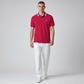 Hombre vistiendo polo rojo www.treshop.com.co con cuello de rayas azules y blancas y logo bordado en el pecho