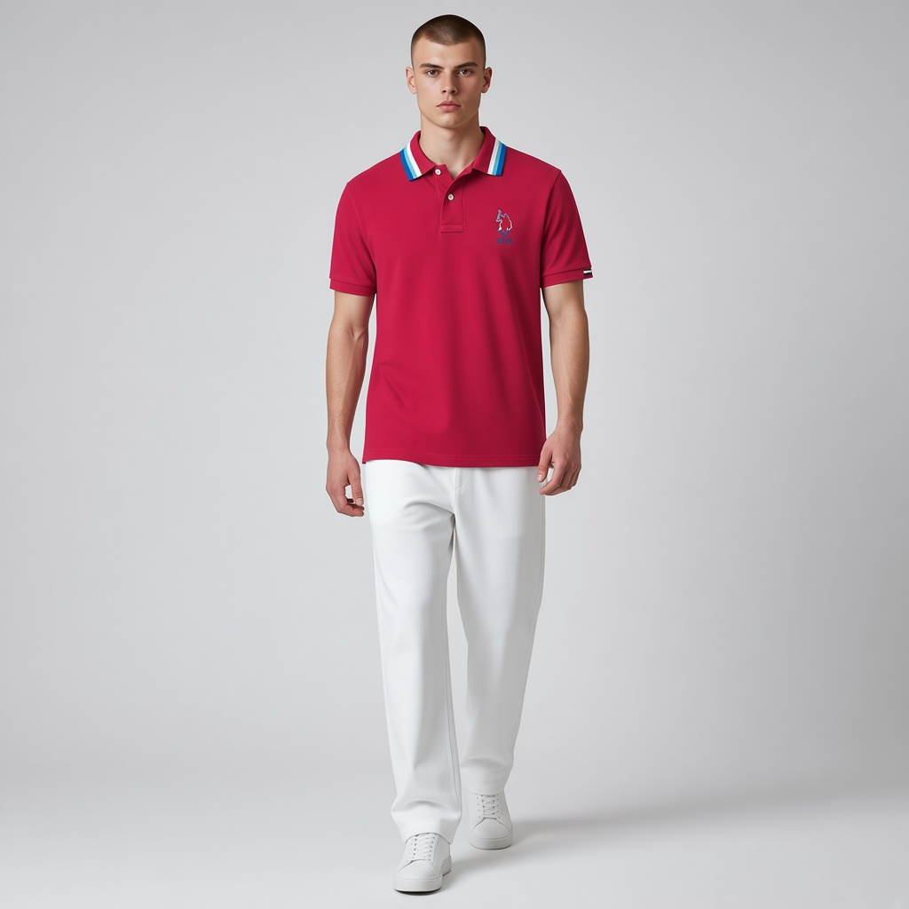 Hombre vistiendo polo rojo www.treshop.com.co con cuello de rayas azules y blancas y logo bordado en el pecho