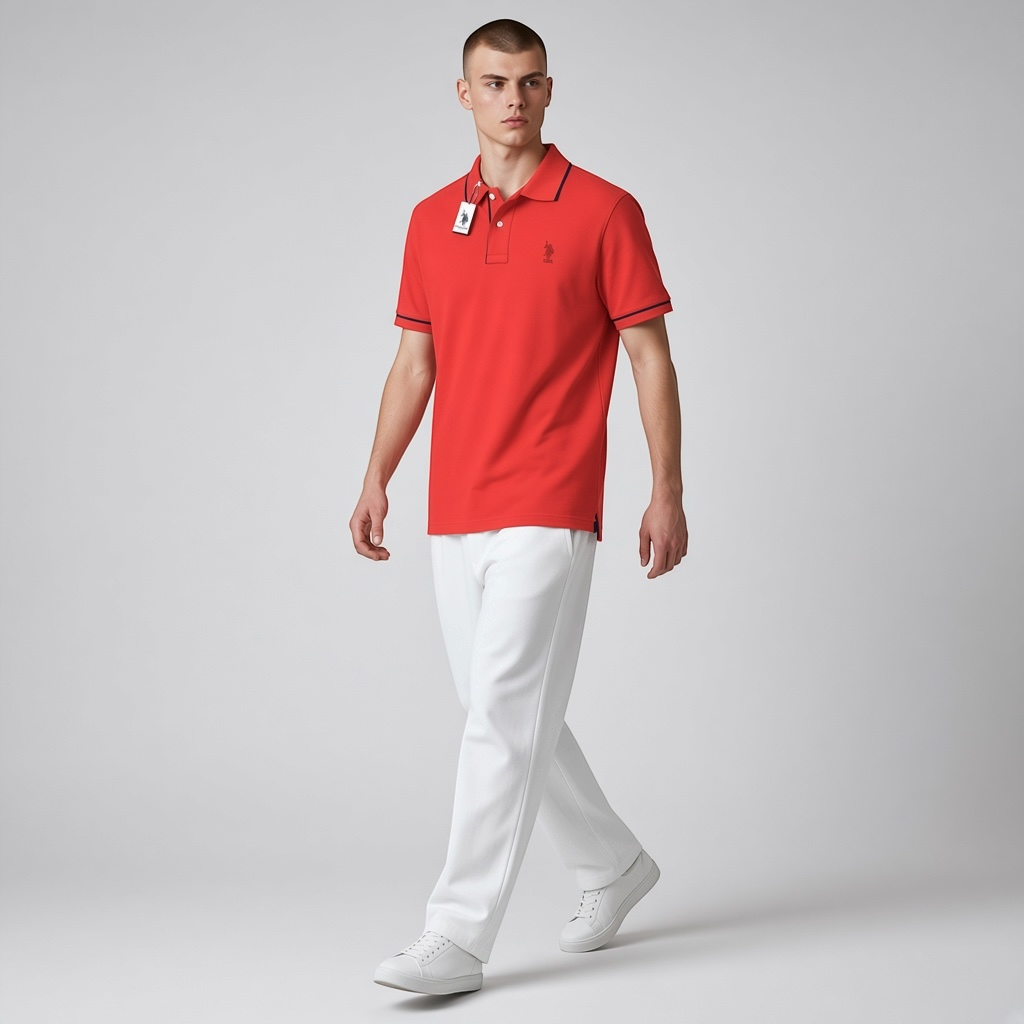 Modelo vistiendo polo rojo U.S. Polo Assn. de www.treshop.com.co con detalles en contraste y logo bordado