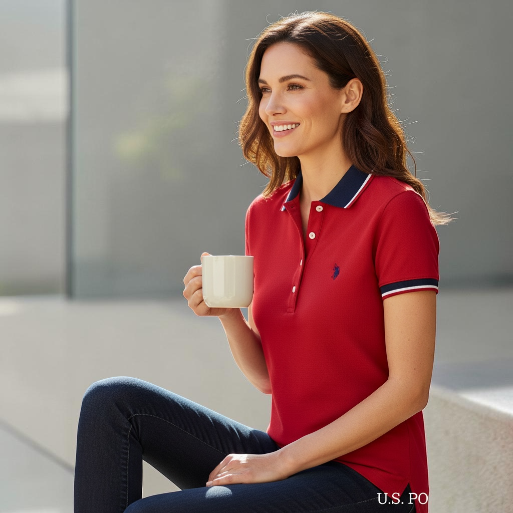 Mujer sonriente con polo rojo www.treshop.com.co con cuello y mangas en contraste azul marino y blanco