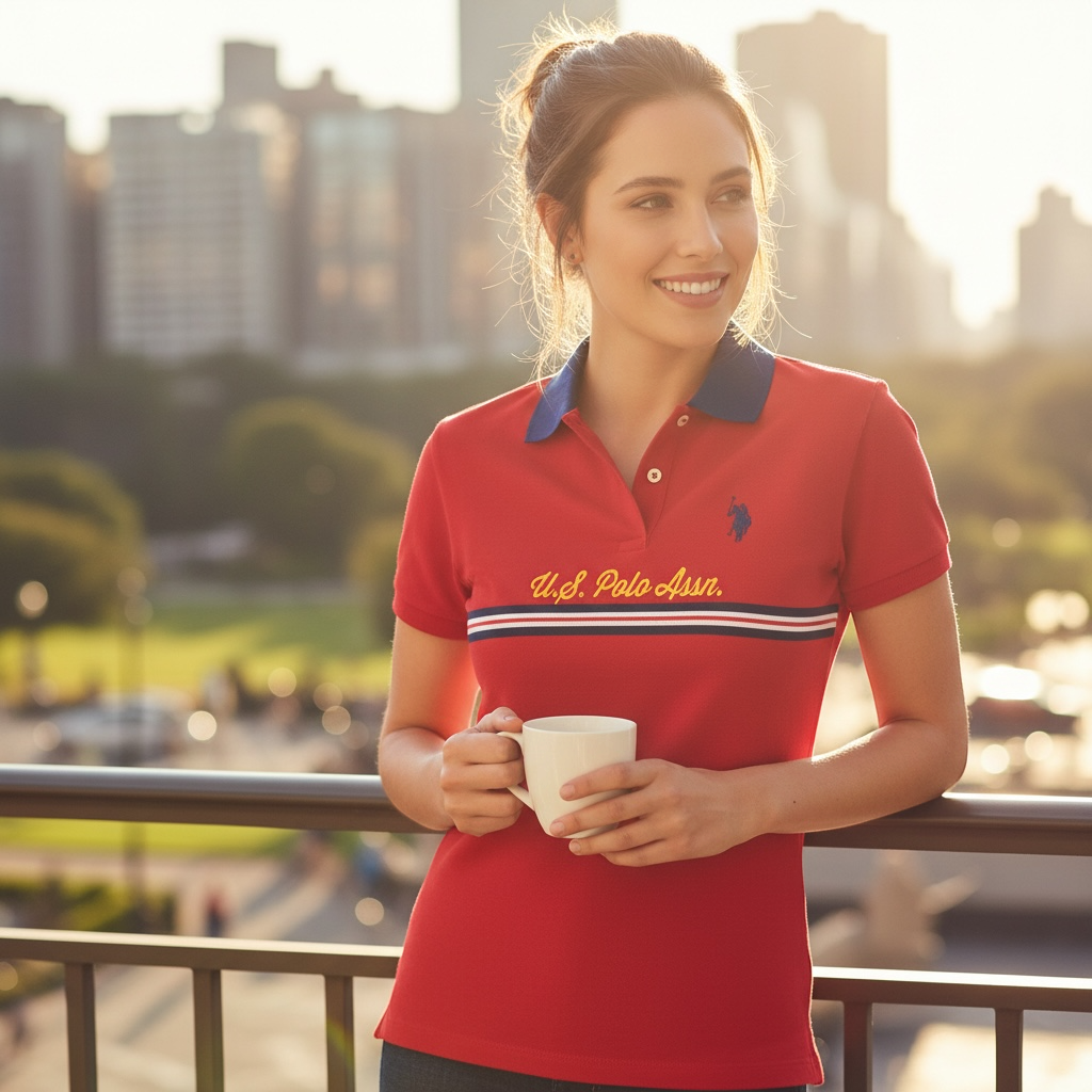 Mujer sonriente vistiendo polo rojo U.S. Polo Assn. con cuello azul marino y logo bordado en un entorno urbano