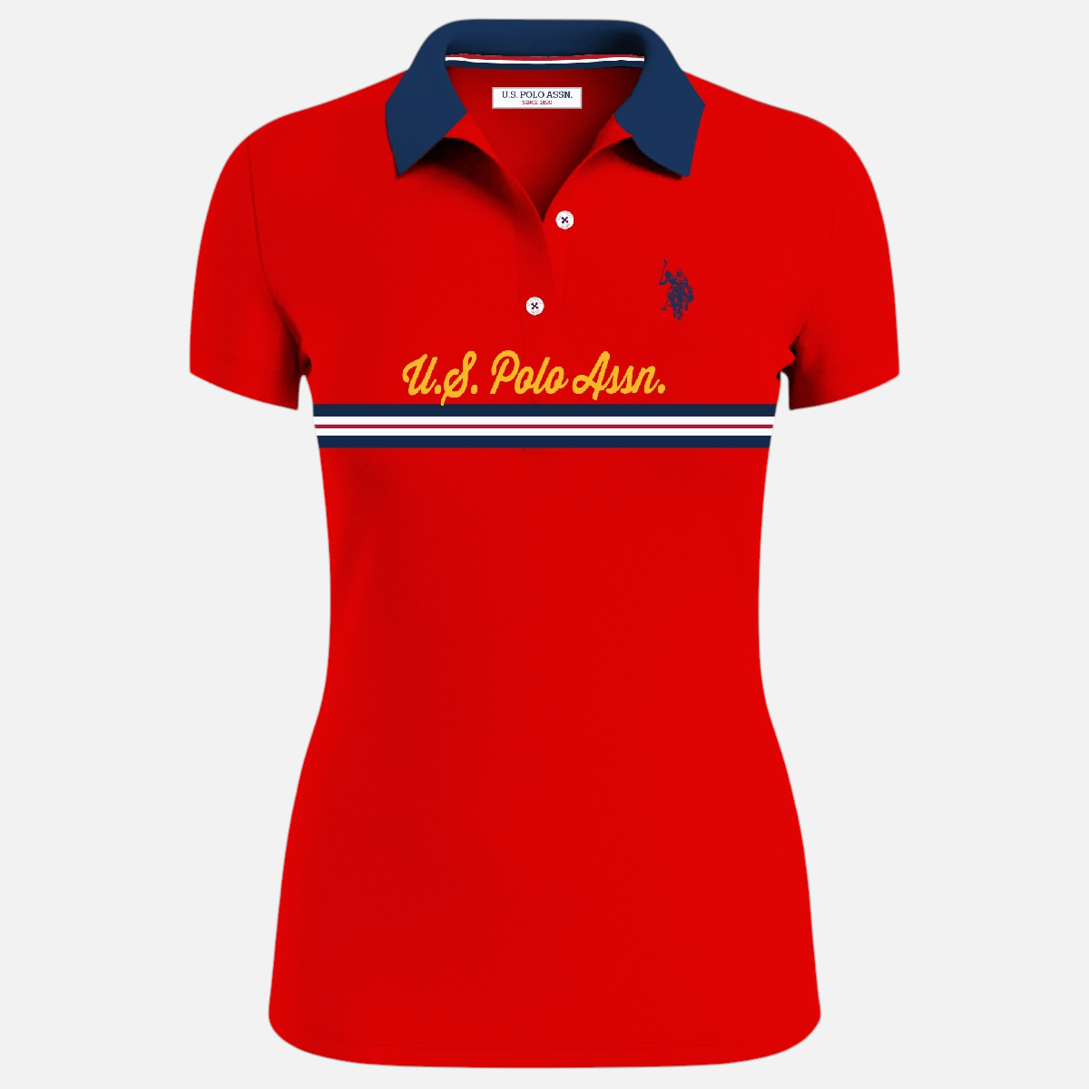 Camiseta polo roja para mujer de www.treshop.com.co con cuello azul marino, logo bordado y detalles estampados.