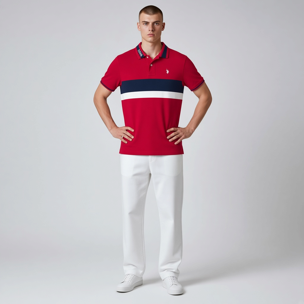 Modelo vistiendo polo rojo www.treshop.com.co con franjas azul marino y blancas, logo bordado y cuello detallado.