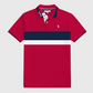 Polo rojo para hombre www.treshop.com.co con franjas horizontales azul marino y blanco y logo bordado en el pecho
