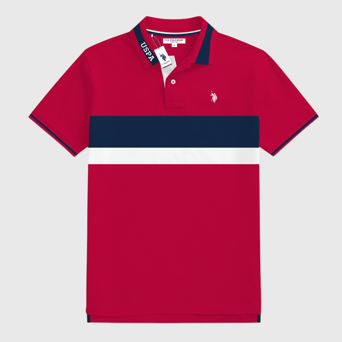 Polo rojo para hombre www.treshop.com.co con franjas horizontales azul marino y blanco y logo bordado en el pecho
