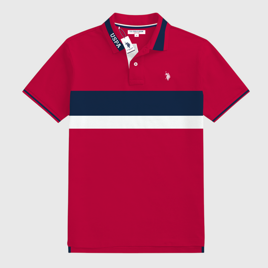 Polo rojo para hombre www.treshop.com.co con franjas horizontales azul marino y blanco y logo bordado en el pecho