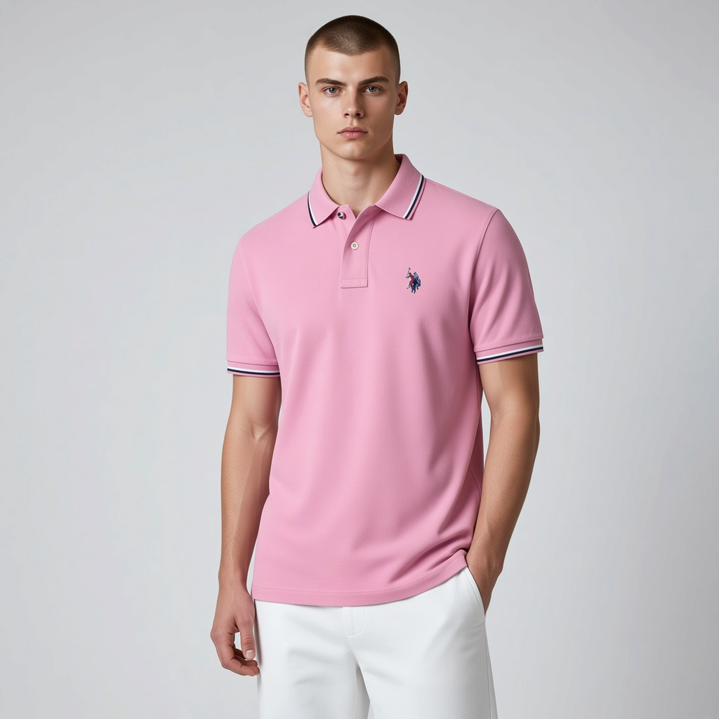 Hombre vistiendo polo rosa www.treshop.com.co con cuello y mangas de ribetes en contraste y logo bordado en el pecho.