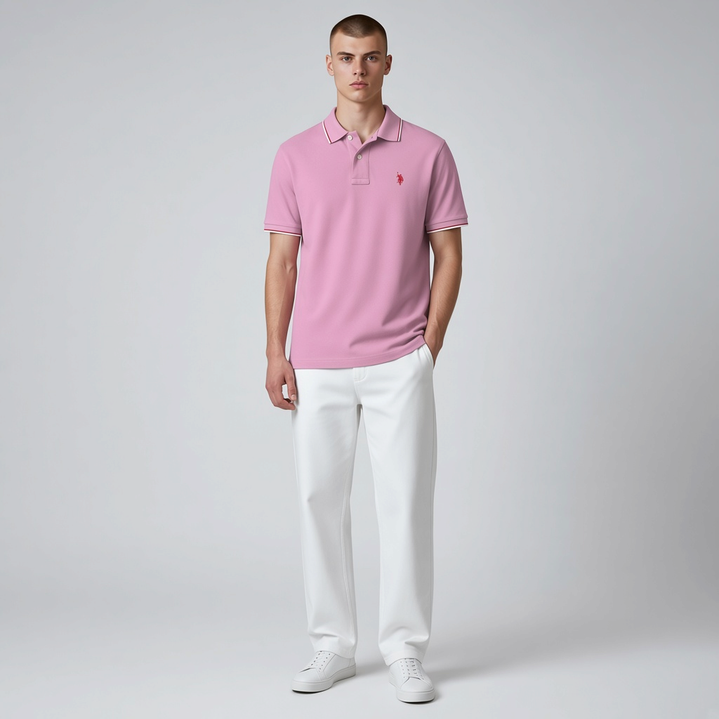 Hombre vistiendo polo rosa de algodón U.S. POLO ASSN. de www.treshop.com.co con detalles en cuello y logo bordado