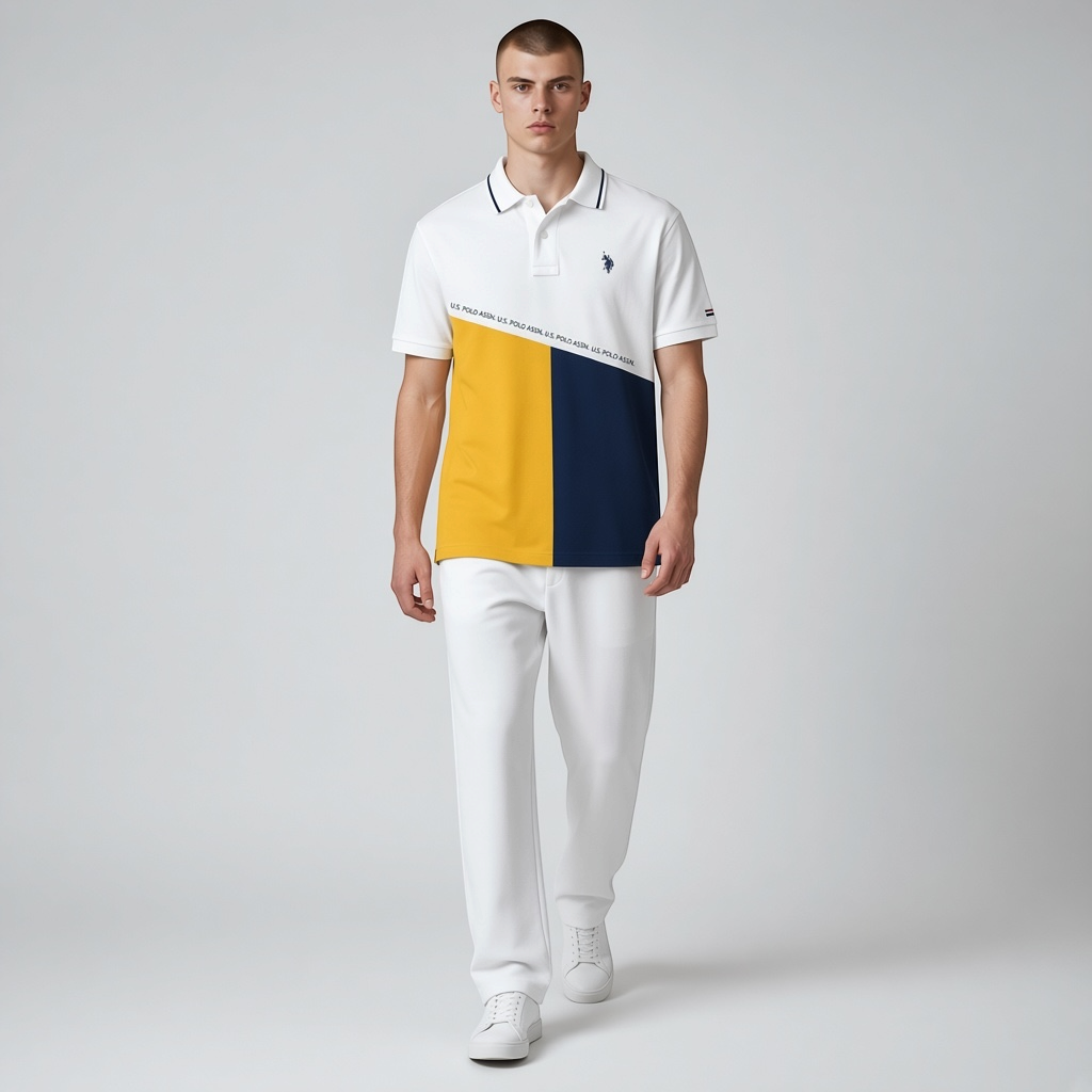 Hombre vistiendo polo tricolor U.S. Polo Assn. de www.treshop.com.co con bloques blanco, amarillo y azul marino.