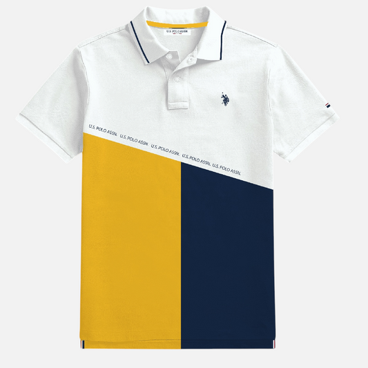Camiseta polo www.treshop.com.co para hombre con diseño tricolor en blanco, amarillo y azul marino con logo bordado