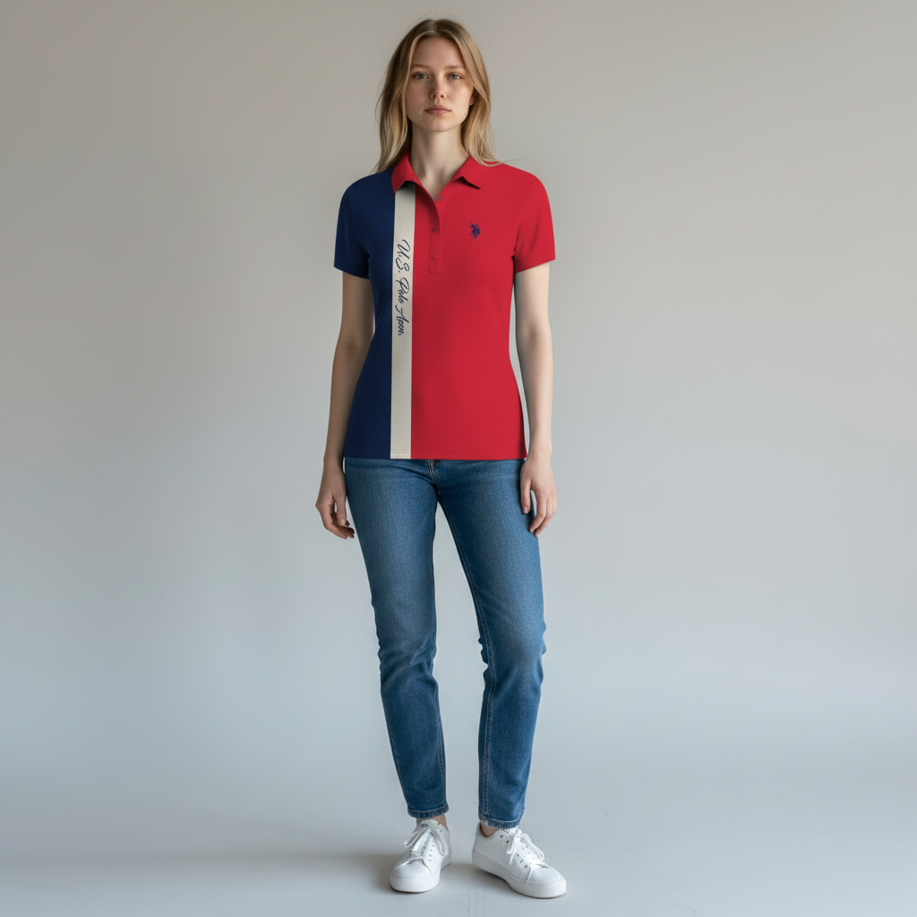 Modelo vistiendo polo tricolor de www.treshop.com.co con logo bordado, corte entallado y jeans azules