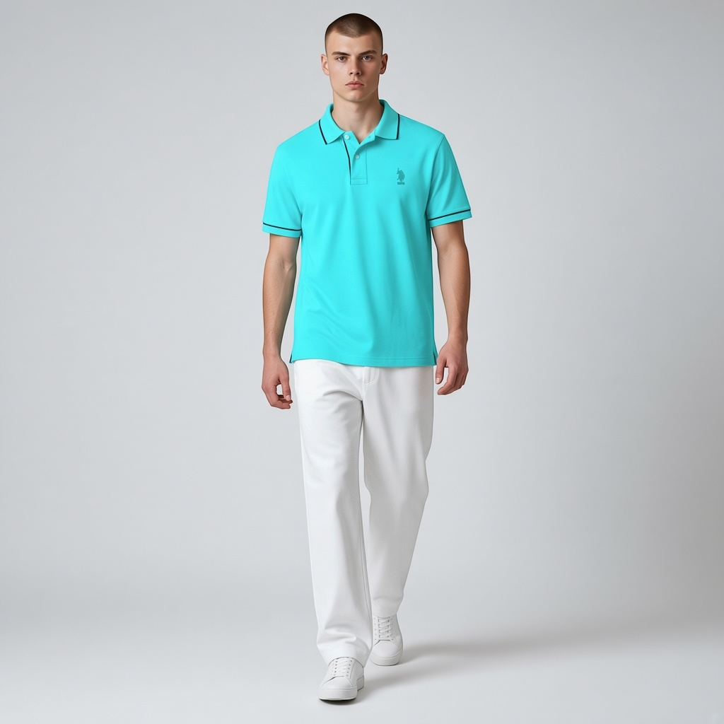 Hombre vistiendo polo turquesa de www.treshop.com.co con detalles en contraste, logo bordado y pantalones blancos.