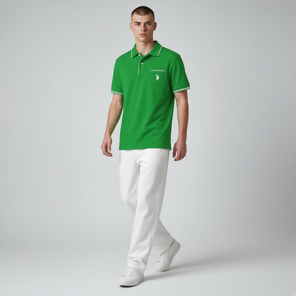 Hombre vistiendo polo verde U.S. POLO ASSN.  de www.treshop.com.co con cuello y mangas ribeteadas, bolsillo y logo bordado en el pecho