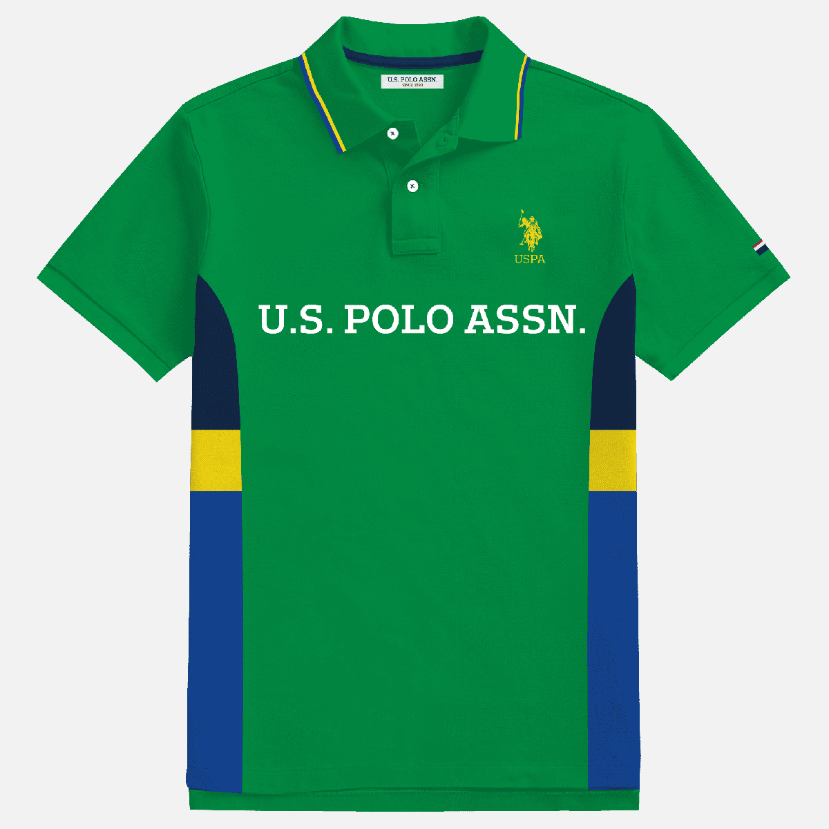 Camiseta polo verde www.treshop.com.co con detalles en azul y amarillo, logotipo bordado y paneles laterales