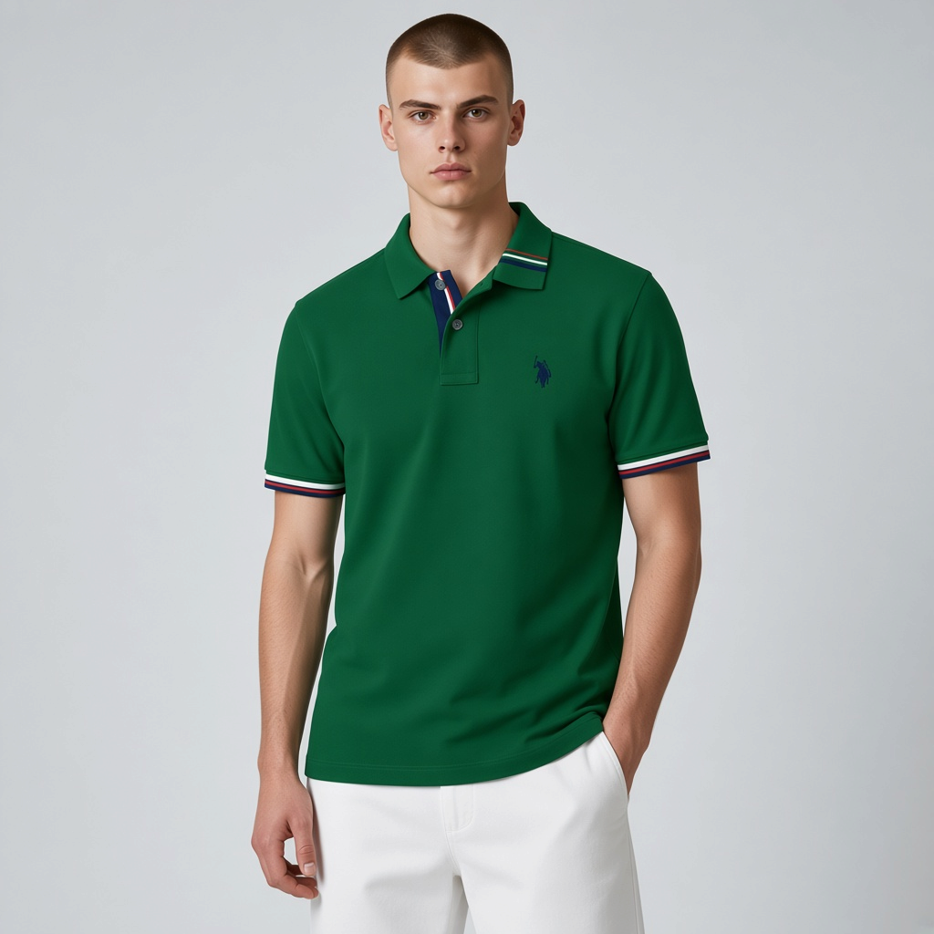 Hombre vistiendo polo verde www.treshop.com.co con detalles tricolores en cuello y mangas y logo bordado en el pecho