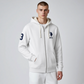 Sudadera con capucha y cremallera gris claro www.treshop.com.co con forro de borrego y logo azul marino en el pecho