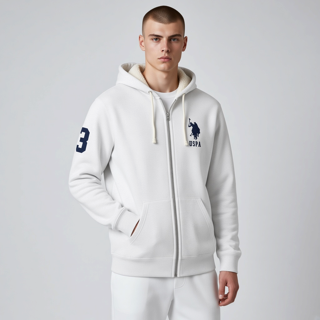 Sudadera con capucha y cremallera gris claro www.treshop.com.co con forro de borrego y logo azul marino en el pecho