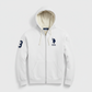 Sudadera gris con cremallera y forro de borrego de www.treshop.com.co con logo azul marino y capucha ajustable.