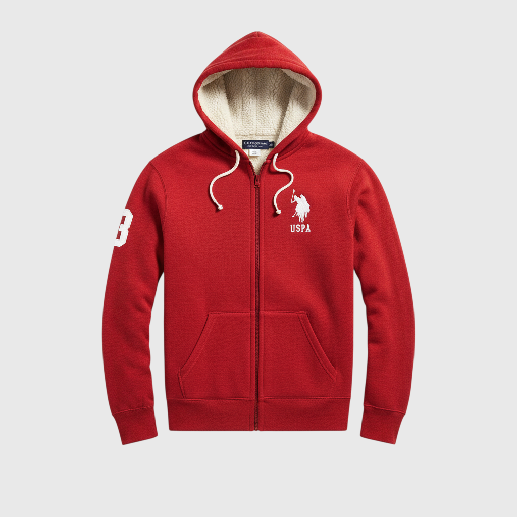 Sudadera roja con cremallera y forro de sherpa crema de www.treshop.com.co con logo bordado en el pecho